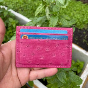 Tarjetero de piel de avestruz auténtica color rosa/tarjetero de visita/tarjetero minimalista de piel con RIFD/regalo para ella y él