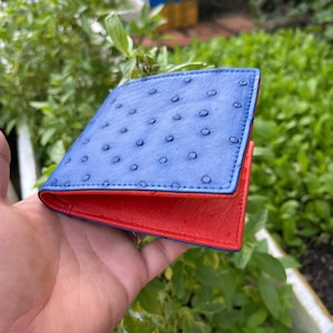 BLUE 本物の両面ダチョウ革スキン二つ折り財布/マネークリップ/本物のダチョウ革二つ折り財布カード高級/男性へのギフト