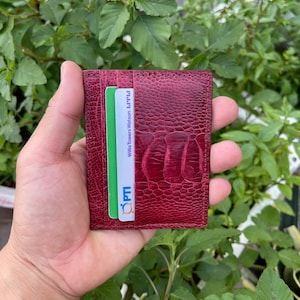 Porte-cartes de crédit en cuir d'autruche véritable Bordeaux / Porte-cartes de visite porte-cartes / Porte-cartes minimaliste en cuir RIFD en cuir / Cadeau pour lui et elle
