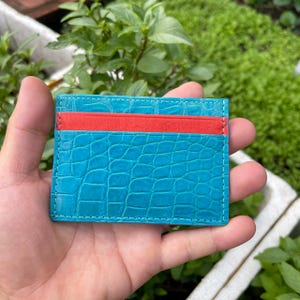 ターコイズ本革アリゲーターレザークレジットカードホルダー/ブルースカイ名刺ホルダーカードケース/レザーミニミニマリストRIFDカードホルダー