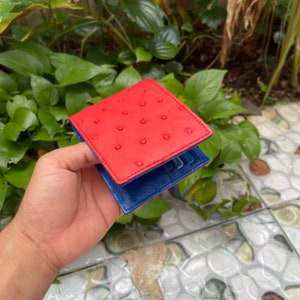 赤と青の本物の両面ダチョウボディレザースキン二つ折り財布/ブルーダチョウ高級マネークリップ財布カードホルダー/男性へのギフト