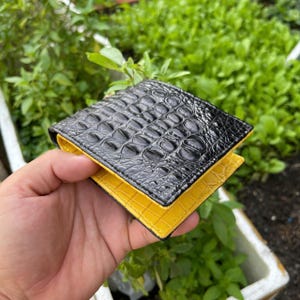 Billetera plegable de piel de cocodrilo auténtica negra Hornback con clip para billetes y tarjetas, billetera para hombre, regalo para él, billetera plegable de piel para hombre