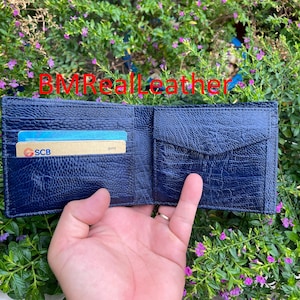 Blau Echte Doppelseite Straußenleder Haut Bifold Brieftasche Karte Geldscheinklammer Tasche Münze, Luxus Falten Brieftasche für Herren, Geschenk für Ihn Papa