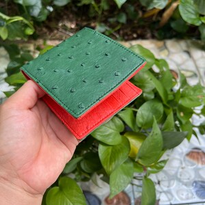 グリーン/レッド 両面本ダチョウ革 二つ折り財布 カード マネークリップ メンズ二つ折り財布 彼へのギフト 財布 カード ビジネス