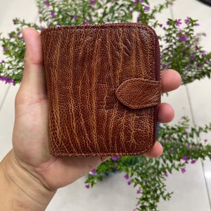 Cartera plegable de piel de avestruz auténtica marrón con cremallera y clip para billetes para mujer, cartera para mujer, regalo para ella, cartera con cremallera para mujer
