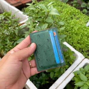 Porte-cartes de crédit VERT en cuir d'autruche véritable/porte-cartes de visite/porte-cartes RIFD minimaliste en cuir/cadeau pour elle et lui