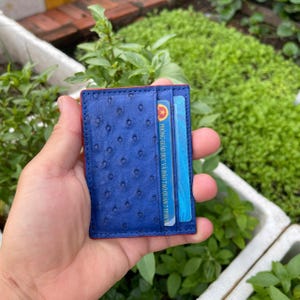 ブルー本ダチョウ革スキンクレジットカードホルダー/名刺ホルダーカードケース/レザーミニマリストRIFDカードホルダー/彼女や彼へのギフト
