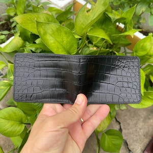 Monedero de piel auténtica de cocodrilo negro con dos pliegues, tarjetero, ranura para billetes, regalo para él, minitarjetero pequeño