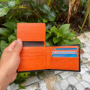 BROWN Echte Doppelseite Strauß Körper Leder Haut Bifold Brieftasche Kartenhalter Luxus Geldscheinklammer / Braun Bifold Brieftasche Flap ID / Geschenk für Ihn