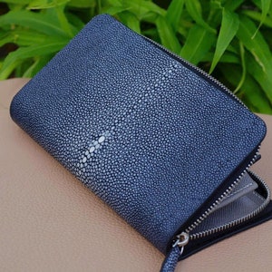NEGRO genuino STINGRAY piel de cuero unisex cartera larga, titular de la tarjeta cremallera de cartera larga, regalo para él ella, cartera de chequera hecha a mano