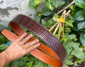 Cinturón de piel de caimán marrón: correa reversible para hombre, 38 mm