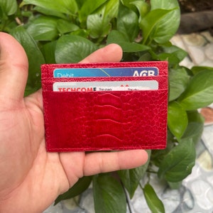 Donkerrood echt struisvogelbeen lederen huid creditcardhouder / mini-portemonneekaart / RFID-blokkering, minimalistisch, slank ontwerp