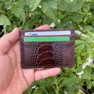 Porte-cartes de crédit en cuir d'autruche véritable MARRON / Porte-cartes de visite porte-cartes / Porte-cartes minimaliste en cuir RIFD en cuir / Cadeau pour lui et elle