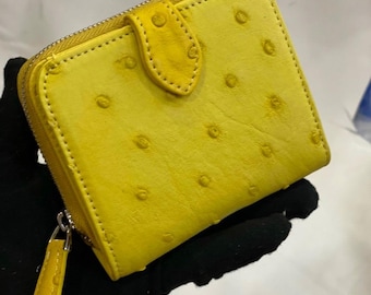 Cartera plegable de piel de avestruz hecha a mano: tarjetero y pinza para billetes para mujer