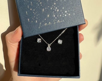 Jewellery Gift Set For Women, 925 Sterling Silver Necklace and Stud Earring Set, Matching Cubic Zirconia Studs and CZ Necklace