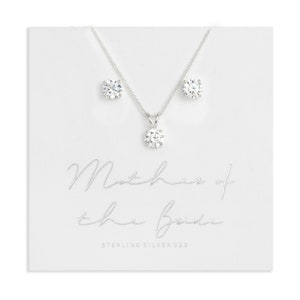 Mother of the Bride Jewellery Set, 925 Silver Mother of the Bride Earrings and Necklace Duo, Matching Cubic Zirconia Studs and CZ Necklace