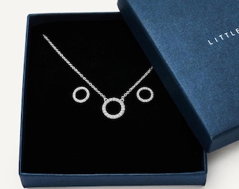 CZ Sterling Silver Necklace and Earrings Set: Open Circle Jewelry