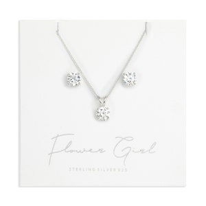 Fower Girl Jewellery Set, 925 Sterling Silver Flower Girl Earrings and Necklace Duo, Matching Cubic Zirconia Studs and CZ Necklace