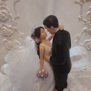 Wedding Cake Topper Caucasian Dark hair Bride with Veil, and Groom