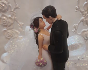 Wedding Cake Topper Caucasian Dark hair Bride with Veil, and Groom