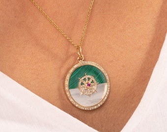 Malachite & Mother Of Pearl Pendant,Solid 14k Gold Disc Necklace,Natural Diamond Halo,Vintage Wedding Pendant,Anniversary Promise Gift Women