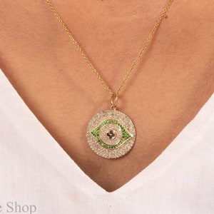 14k Solid Gold Evil Eye Medallion Pendant Emerald Diamond Evil Eye Statement Pendant Mati Medallion Necklace Birthday Gift Diamond Accented