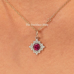 Natural Ruby & Diamond Halo Pendant/14k Rose Gold Necklace/Diamond Pendant with Chain/Minimalist Jewelry/July Birthstone/Anniversary Gift