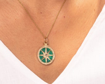 14k Gold Malachite Star Pendant Necklace, Salt Pepper Diamond Center