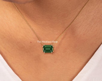 Collar con colgante de turmalina verde, gema solitaria talla esmeralda en oro de 14 quilates, delicado collar hecho a mano, joyería fina minimalista para mujer.