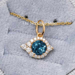 London Blue Topaz Halo Pendant/Diamond Topaz Necklace/14k solid gold/Love Pendant/Minimalist Jewelry/December Birthstone/Thanksgiving Gift