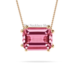 Emerald Cut Pink Tourmaline Necklace, Solid 14K Gold Necklace,October Birthstone,East West Solitaire Necklace,Engagement Anniversary Gift
