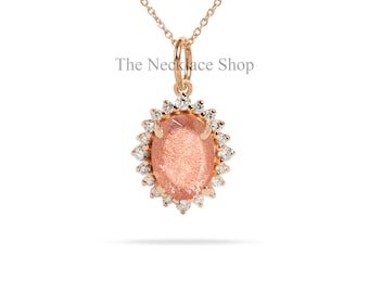 Genuine Oregon Sunstone Pendant, 14k Solid Gold Necklace, Halo Pendant,  Bridal Necklace, Handmade Jewelry, Promise Gift For Wife, Prong Set