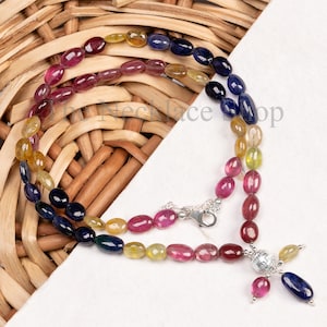 High Quality Natural Beautiful Multi Sapphire Beaded Necklace, Sapphire Gemstone Jewelry, Silver Necklace, Valentine&#39;s Day Gift For Her
