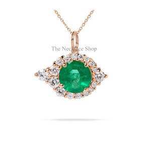 Precious Green Emerald Pendant,Halo Diamond Pendant,14k Gold Necklace with Chain,Bridal Jewelry,Natural May Gemstone,Round Prong Set Pendant