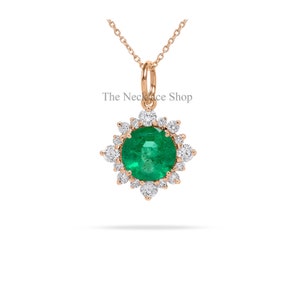 Floral Emerald Necklace,Halo Diamond Pendant,Round Emerald Pendant,14k Solid Gold Jewelry,Gift for Wedding,Nature Inspired Solitaire Pendant