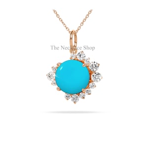 Sleeping Beauty Turquoise Diamond Pendant,14k Solid Gold Boho Jewelry Round Cut Solitaire Turquoise Wedding Necklace,Something Blue for Her