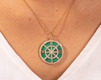 14K Malachite Pendant/Solid Gold Halo Diamond Necklace/Natural Malachite Compass Pendant/Wedding Gift/Salt Pepper Diamond/Christmas Gift