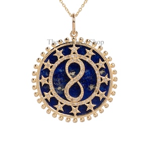Lapis Lazuli Necklace/Diamond Accented Round Pendant/Disc Star Necklace/Unique Infinity Charm Pendant/Handmade Pendant/Gift for Mom/Art Deco