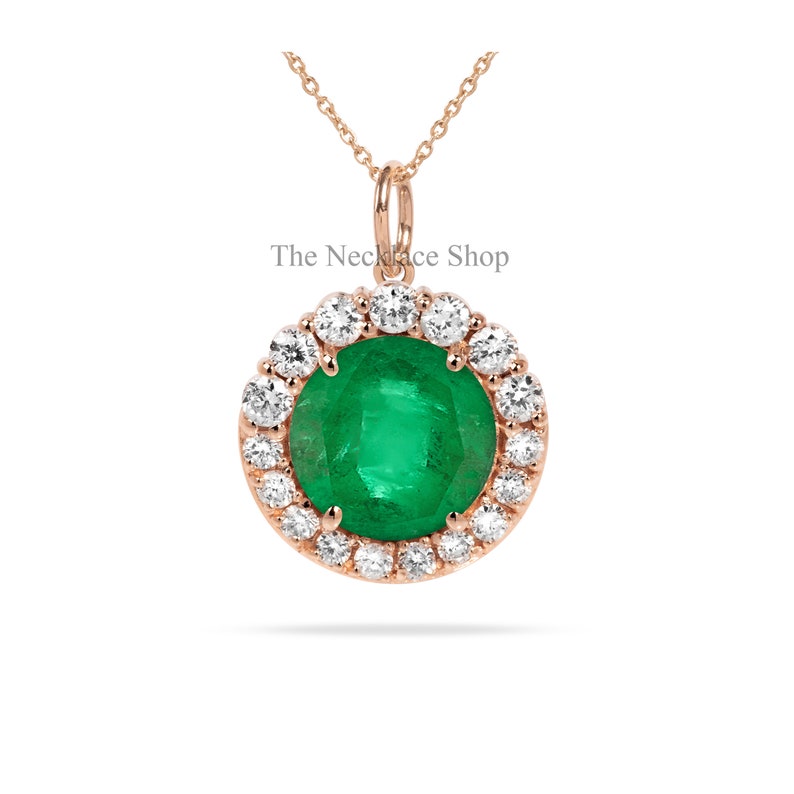 Round Emerald Pendant,halo Diamond Necklace With Chain,14k Gold ...