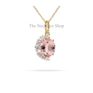Solid 14k Gold Morganite Pendant, Half Halo Pendant, Prong Set, Handmade Jewelry, Oval Gemstone Necklace, Graduation Gift For Daughter