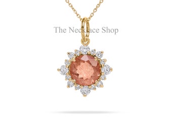Natural Sunstone Pendant, 14K Gold Diamond Halo Pendant, White Gold Pendant, Minimalist Pendant, Handmade Jewelry, Graduation Gift For Her