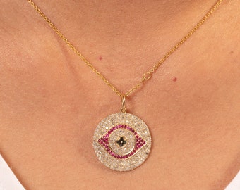 14k Solid Gold Evil Eye Medallion Pendant Genuine Ruby Diamond Evil Eye Statement Pendant Mati Medallion Necklace Valentine Day Gift for Her