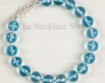 Sky Blue Topaz Round Beaded Bracelet, Gemstone Bracelet, Birthstone Bracelet, Handmade Bracelet For Girls, Best Anniversary Gift For Her