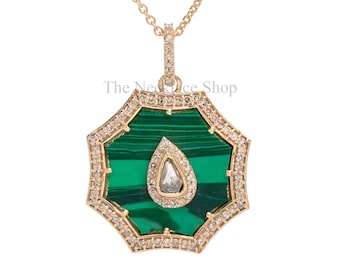 Octagon Shape Malachite Pendant Halo Diamond Necklace 14k Solid Gold Statement Jewelry Unique Boho Necklace Salt Pepper Pendant Wedding Gift