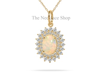 Floral Opal Pendant, Diamond Halo Pendant, 14k Gold Opal Pendant, October Birthstone, Cluster Pendant, Wedding Gift, Oval Pendant For Her