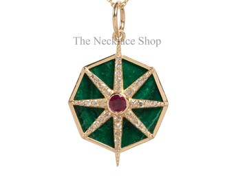 Natural Ruby Diamond Pendant,Green Malachite Necklace, Starburst Celestial Pendant,14k Gold Filled Boho Necklace,Victorian Fine Jewelry,Gift
