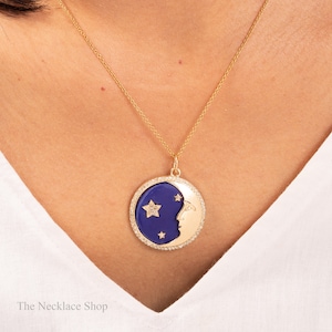 Lapis Lazuli Round Pendant,14k Solid Gold,Crescent Moon Star Pendant,Vintage Disc Pendant,Art Deco Celestial Necklace,Halo Diamond Necklace