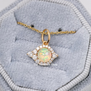 Precious Ethiopian Opal Necklace,Natural Opal Halo Diamond Pendant,14k Solid Gold Bridal Jewelry,Statement Pendant,Solitaire Opal Necklace