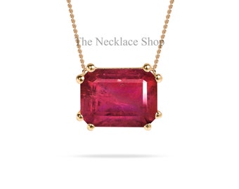 14k Red Ruby Gold Pendant, Solid Gold Ruby Gemstone Pendant, Solitaire Necklace, Emerald Cut, East West Charm Pendant, Anniversary Gift