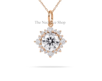 Wisiorek z moissanitem szlifowanym okrągło, wisiorek zaręczynowy Halo, naszyjnik z diamentami w kwiaty, wisiorek z litego złota 14K, bezbarwny wisiorek z moissanitem, prezent ślubny